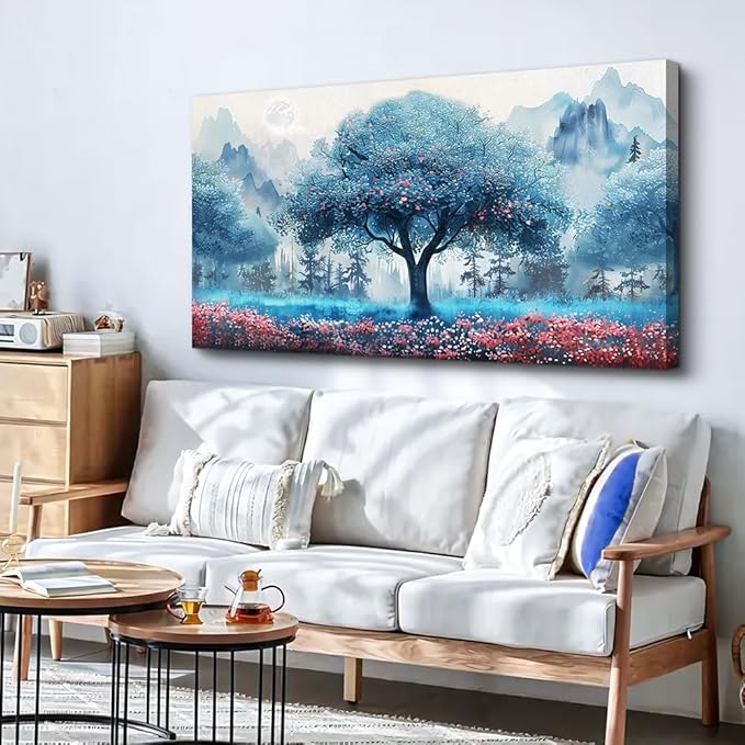 MHARTK66 Large Wall Art For Living Room Canvas Wall Decor For Bedroom Office Decorations Blue Tree Landscape Wall Paintings Farmhouse Pictures Artwork Home Decor Ready To Hang Posters 48"X24"