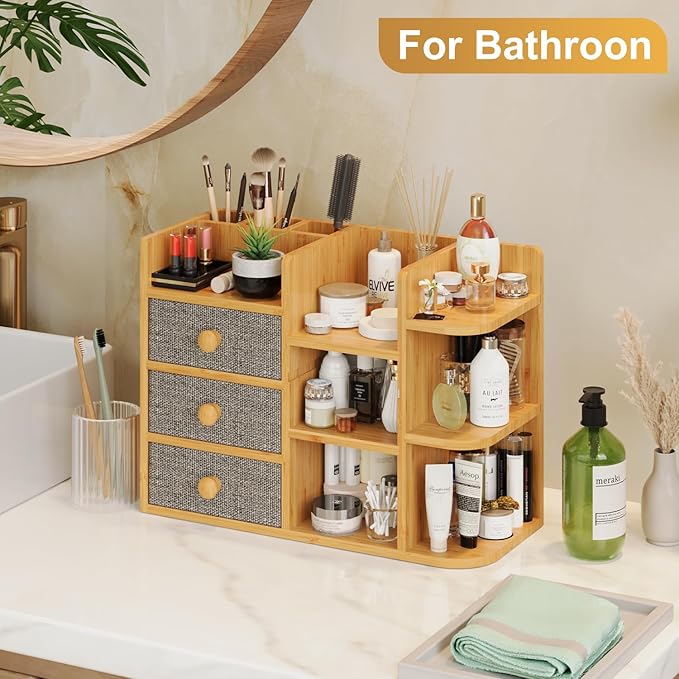 Makeup Organizer Countertop With Brush Holder For Vanity, Large Bamboo Bathroom Counter Organizers And Storage,Cosmetic Skincare Perfume Organizer With 3 Makeup Brush Holder/3 Drawer/7 Storage Shelves