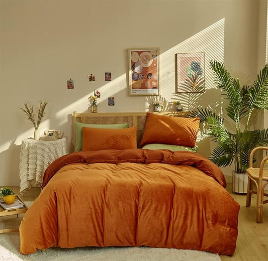 Burnt Orange Velvet Comforter Set Queen – 3-Piece Luxuriously Solid Soft Plush Bedding Set Cozy Fluffy Quilt with 2 Pillowcases Stylish All-Season Warm Comforter