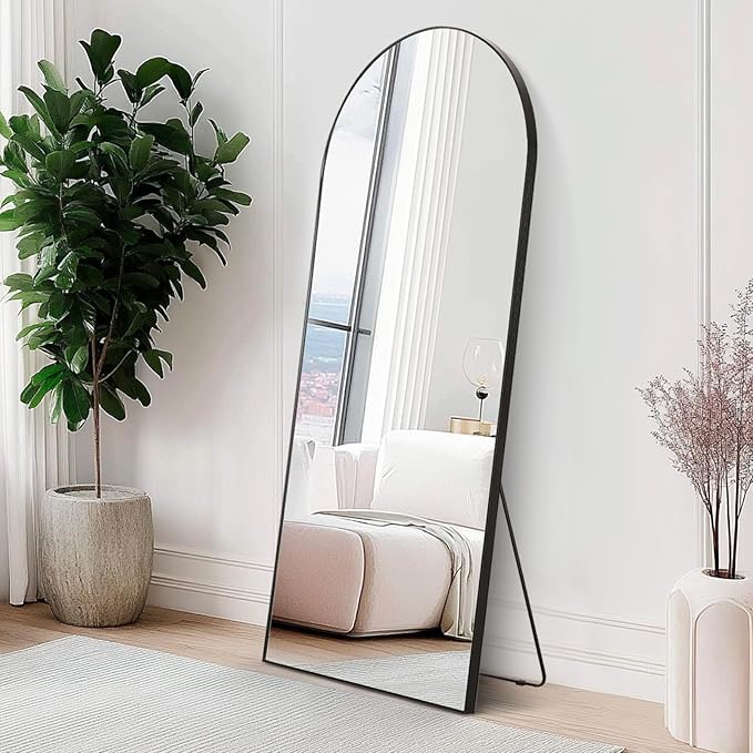 Arched Full Body Mirror, 55''x 18'' With Black Aluminum Alloy Frame, Floor Not Fragile Tempered Glass Leaning Against Wall for Living Room, Women Dressing Clothes