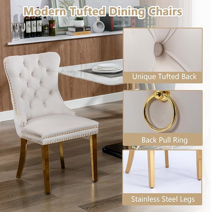 Goujxcy Modern 7 Piece Glass Dining Table Set Luxury Glass Kitchen Table and Chair Set for 6, 70" Large Rectangular Dining Room Table with 6 Tufted Chairs and Stainless Steel Legs (Gold & Beige)
