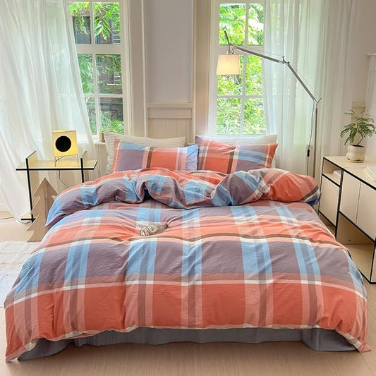 FACE TWO FACE Bedding Duvet Cover Set100% Washed Cotton Duvet Cover Linen Like Textured Breathable Durable Soft Comfy (King, Time Blue)