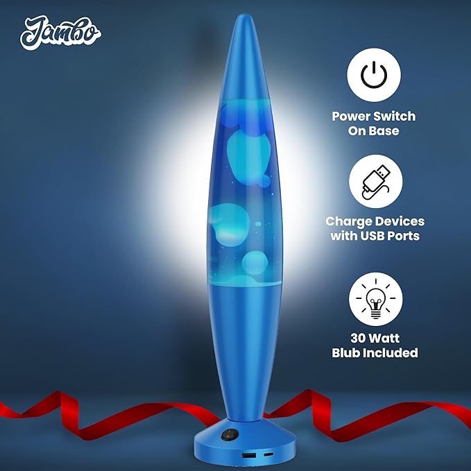 JAMBO Beautiful Liquid Lamp with USB Ports,16" Motion Light with Blue Liquid White Wax, Relaxing Nightlight, Mood Light for Bedroom, Living Room, Office - Adults, Teens, Kids