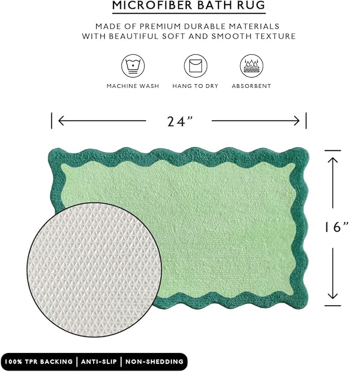 MONDAY MOOSE Bath Mat with Scalloped Wavy Ripple Design, Microfiber Absorbent Non Slip Tufted Rug for Floor, Shower or Kitchen (16x24 inch, Teal Green)