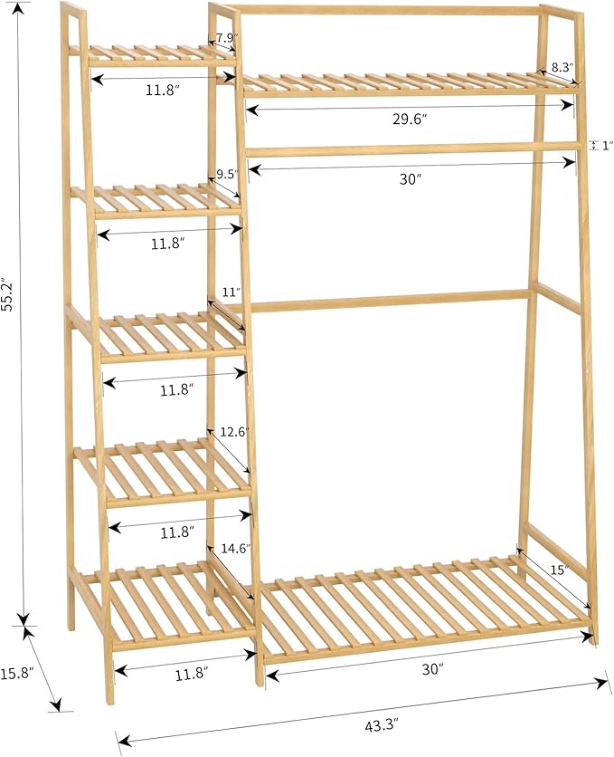 RELIANCER Bamboo Clothing Garment Rack,Free Standing Clothes Coat Hanger,Closet Organizer w/Shoe Rack,Multi-tiered Wardrobe Storage Shelves,Clothes Hanging Racks for Hall,Living Room,Bedroom,Entryway