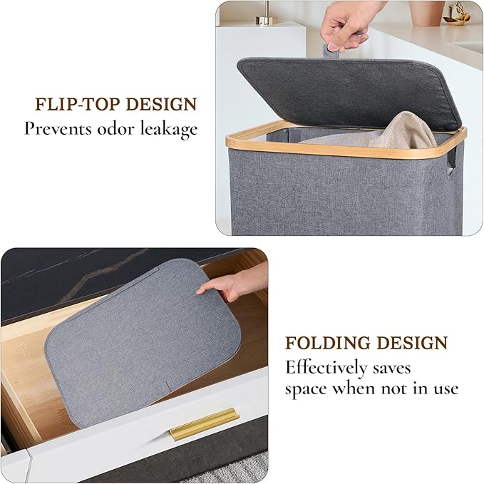Foldable Laundry Hamper with Lid, Double Laundry Hamper, 2 Section Extra-large Laundry Basket with Bamboo Handles for Bathroom, Bedroom & Laundry Room, 140L Grey
