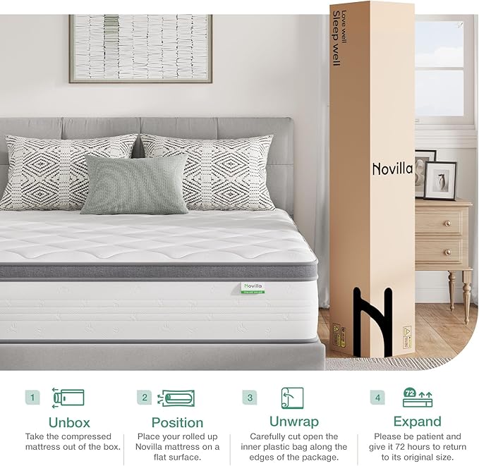 Novilla King Mattress in a Box,10 Inch King Size Mattress with Individually Pocket Innerspring, Pressure Relief & Motion Isolationt, Medium Firm Feel