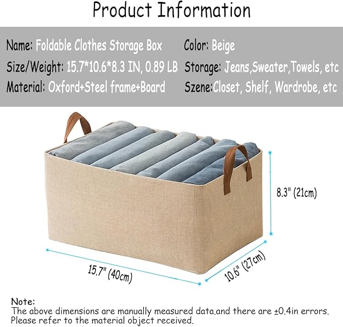 AARAINBOW 4 Pcs Closet Clothes Organizer with Handle, Closet Shelf Fabric Storage Box Steel Frame, Stackable Shelf Storage Baskets Foldable Wardrobe Organizer Baskets for Clothes Toys, 23L (4 Beige)
