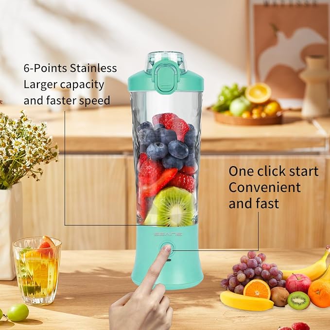 Mint Blue Personal Blender with 6 Blades, 20 Oz Travel Cup and Lid, USB Rechargeable for Shakes, Smoothies, Gym and Kitchen