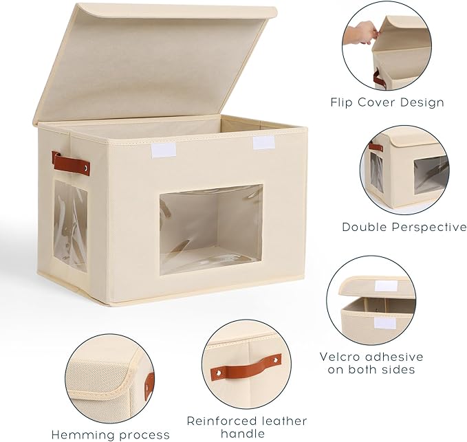 Storage Bins for Clothes, 40L Large Collapsible Stackable Closet Organizer Containers, Storage Boxes with Lids,Storage Cube Basket, Clear Windows & PU Leather Handles, Pack of 3, 17x12x12 Inch