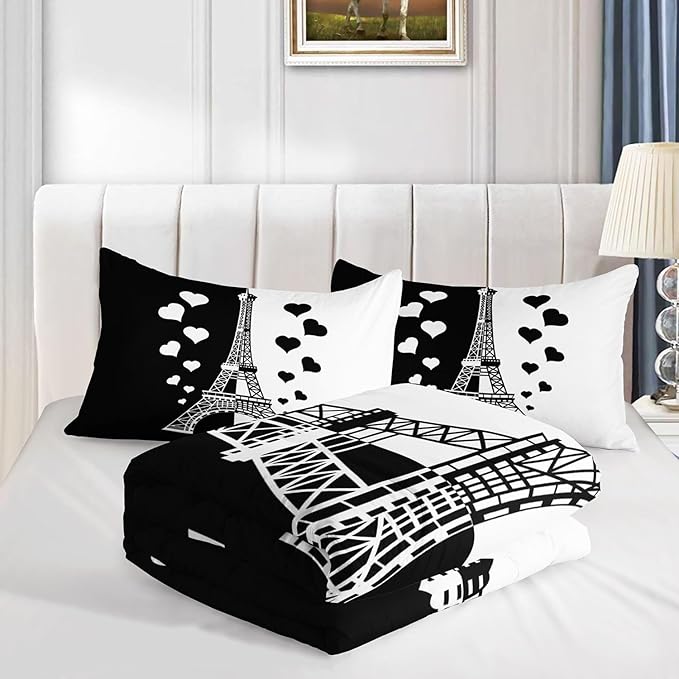 Kids Comforter Set Eiffel Tower Printed Pattern Bedding Set with 1 Comforter and 2 Pillowcases for Girls Boys Bedroom All Season(Tower1 Full)