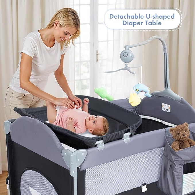 5-in-1 Baby Bassinet Bedside Crib, Pack and Play Long Next to Parents Bed Crib with Toys & Music Box, Mattress, Foldable Playard, Playpen Travel Bed Nursery Center for Girl Boy Infant Newborn