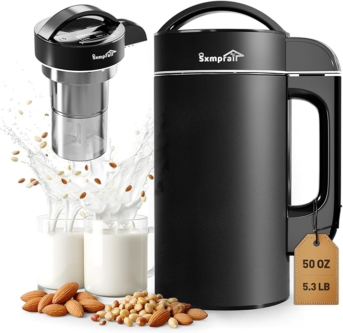 50oz Almond Milk Maker Machine (Built-in Filter) Make Plant Based Milk, Soup & Juice, 6-7 Cups Per Batch, 304 Stainless Steel, 5.3 lb, Automatic Cleaning, 8-IN-1 Nut Milk Maker for Soy & Oat (Black)