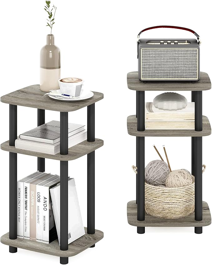 Furinno Just 3-Tier Turn-N-Tube Curve End Table, Side Table, 2-Pack, French Oak/Black