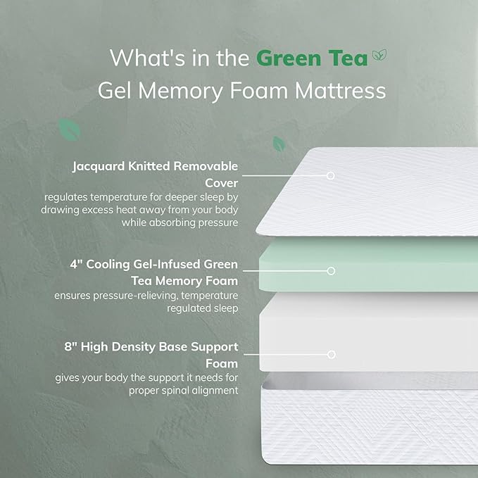 EGO White 12 inch Full Memory Foam Mattress, Gel Green Tea Mattress Bed in a Box, Made in USA, CertiPUR-US Certified, Double Mattress, 54"×75", Medium Firm