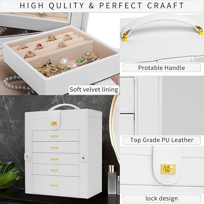 AKOZLIN Large Jewelry Box Organizer Functional with Big Mirror, Leather Jewelry Storage Case for Women Girls Ring Necklace Earring Bracelet Holder Organizer White