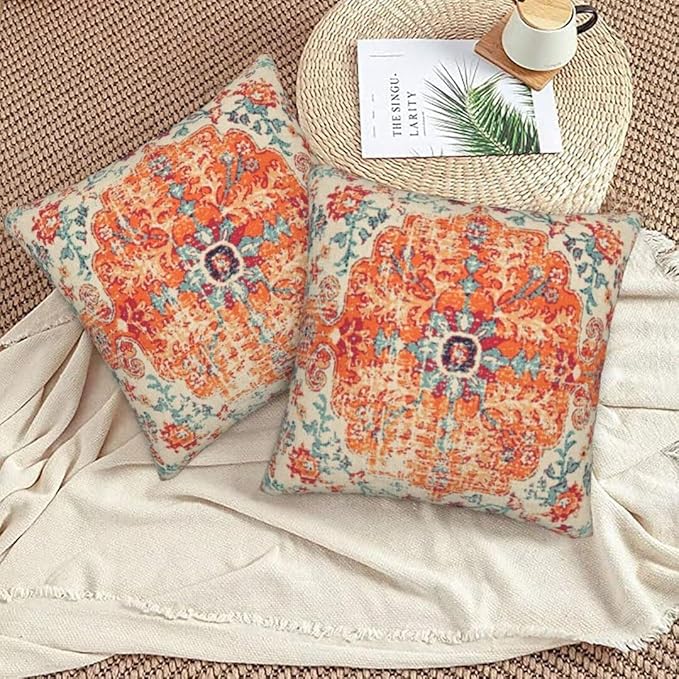 Boho Throw Pillow Covers 18 x 18 Set of 2, Orange Blue Ethnic Design Pillow Covers Farmhouse Carpet Pattern Rustic Cushion Cases Decorative Gifts for Couch Sofa Indoor Outdoor
