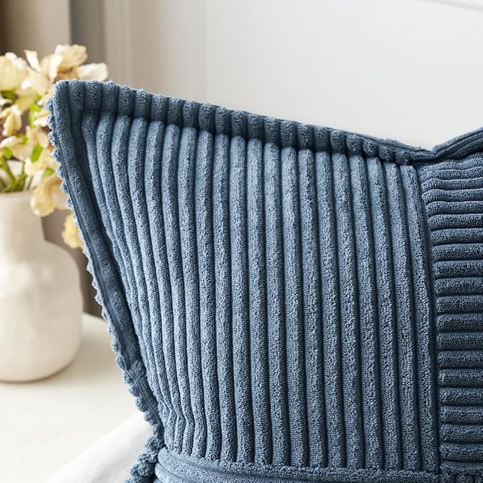 MIULEE Blue Corduroy Pillow Covers 16x16 Inch with Splicing Set of 2 Soft Boho Striped Pillow Covers Broadside Decorative Textured Summer Coastal Pillowcases for Couch Cushion Bed Livingroom