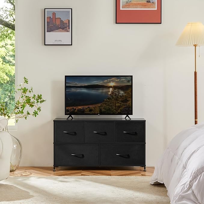 OLIXIS Dresser for Bedroom, 5 Storage Drawers, Wide Fabric Closet Chests Organizer Tower Furniture, TV Stand with Wooden Top Metal Frame for Clothes, Living Room, Hallway, Entryway, Classic Black