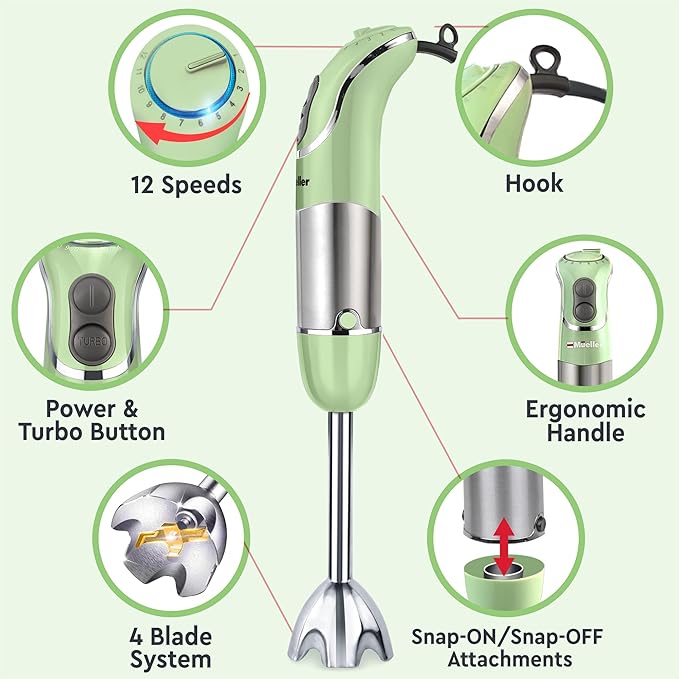 Mueller Multistick 800W 5-in-1 Immersion Blender Handheld, 12 Speed Hand Mixer - Turbo Boost, Heaviest Duty Copper Motor, Titanium Blades Hand Blender, Milk Frother Wand, Green Kitchen Accessories
