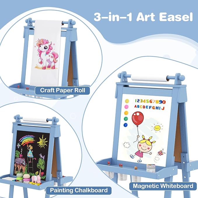 OLAKIDS Easel for Kids, 3 in 1 Adjustable Painting Art Board, Foldable Double-Sided Wooden Drawing Chalkboard Magnetic Whiteboard with Paper Roll, Storage Rack, Cups for Boy Girls (Blue)