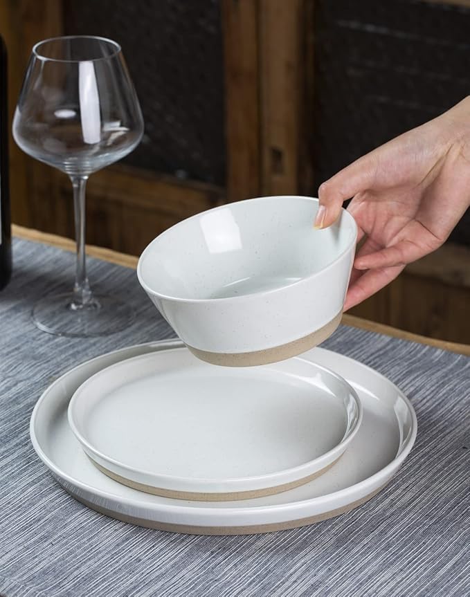 Famiware Saturn Speckled Dinnerware Sets for 8 (24 Pieces), Stoneware Plates and Bowls Dish Set - Chip and Scratch Resistant, Microwave and Dishwasher Safe, White
