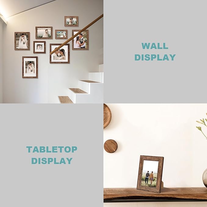 12x12 Picture Frame Set of 4 with Tempered Glass, Rustic Frame Display 10x10 Pictures with Mat or 12 x 12 Without Mat, Wood Square Photo Frames for Desktop Display and Wall Mount