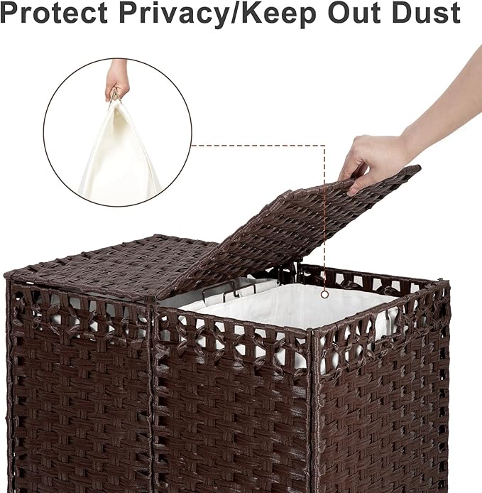 170L Foldable Laundry Hamper with Lid - Handwoven Rattan Storage Basket, 2-Section Clothes Hamper w/2 Removable Liner Bags, Easy Assembly, Portable for Bedroom Bathroom Dorm,Brown