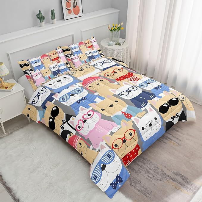 Dog Comforter Bedding Set for Kids - Puppy Pug Cute Pattern Cartoon Career Pet Bedding With 1 Comforter and 2 Pillowcases (Full)