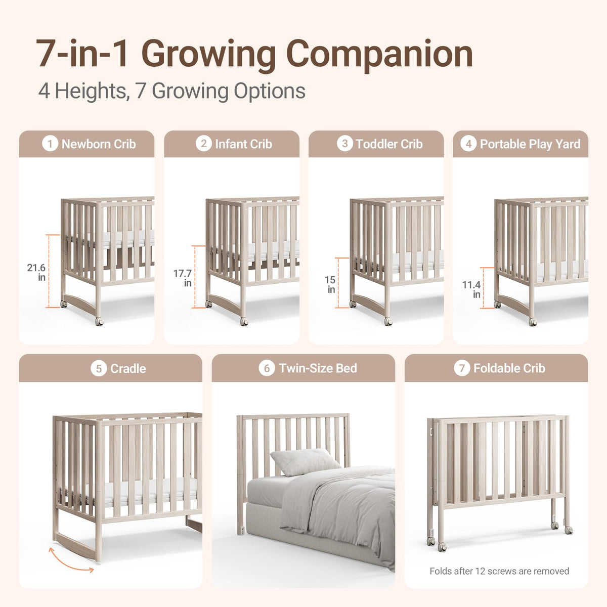 MAMAZING EvoNook 7-in-1 Convertible Baby Mini Crib with Wheels