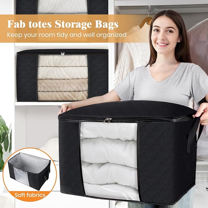 Fab totes 90L Clothes Storage, Foldable Thick Fabric Blanket Storage Bags, Containers for Organizing Bedroom, Closet, Clothing, Comforter, Organization with Handle (3 Pack,Black)