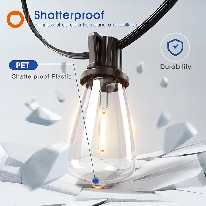 addlon 150FT(50FT*3) LED Outdoor String Lights Waterproof Patio Lights with 48 Shatterproof ST38 Replaceable Bulbs(3 Spare), Dimmable Outside Hanging Light Connectable for Porch, Backyard, 2200K