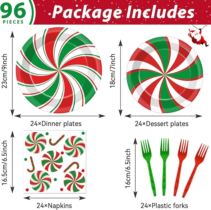 96 Pcs Christmas Peppermint Candy Party Plates Napkins Tableware Set Candy Mint Party Supplies Disposable Dinnerware Red and Green Striped Peppermint Decoration Favors for Holiday Xmas, 24 Guests
