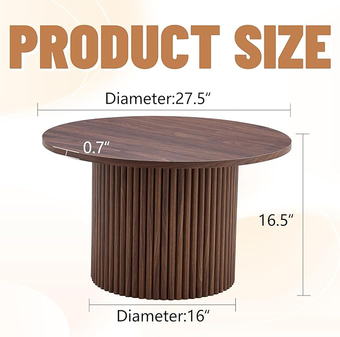 WILLIAMSPACE 27.5" Round Coffee Table with Ylindrical Leg, Modern Farmhouse Wood Circlar Center Table Accent Side End Table for Living Room Apartment, Walnut