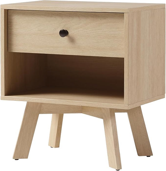 Walker Edison Mid Century Modern 1-Drawer Nightstand Bedroom Storage Drawer and Shelf Bedside End Table, 21 Inch, Coastal Oak