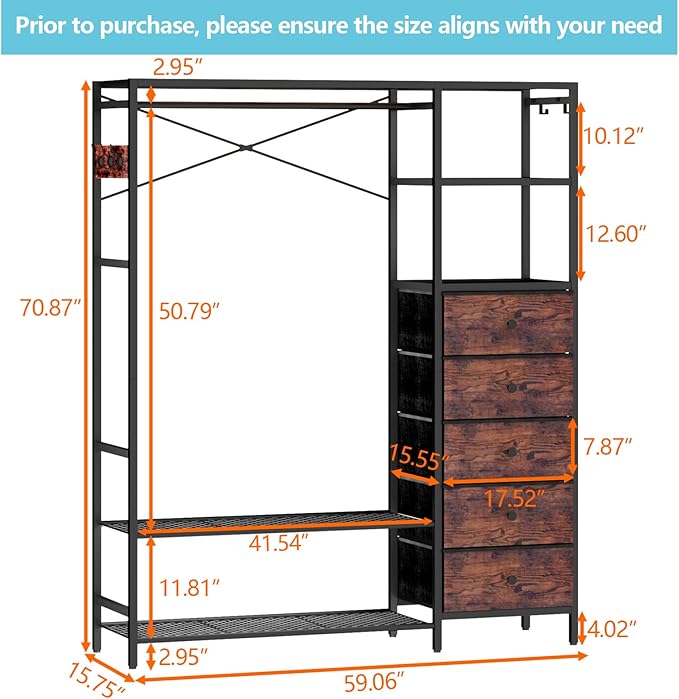 Loomie Heavy Duty Clothes Rack for Hanging Clothes with 5 Shelves & 5 Drawers, Metal Freestanding Clothing Rack with Five Hooks, Garment Rack Closet Wardrobe Rack, 70.87H x 59.06W,Max 900lbs,Rustic