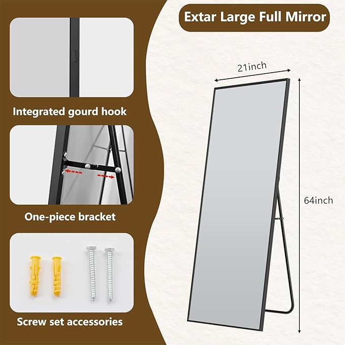 Koonmi Large Mirrors, 64"x21" Full Length Mirror with Stand, Full Body Mirror with Aluminum Alloy Frame, Hanging or Leaning Against Wall Floor Standing Mirrors for Bedroom Living Room, Black
