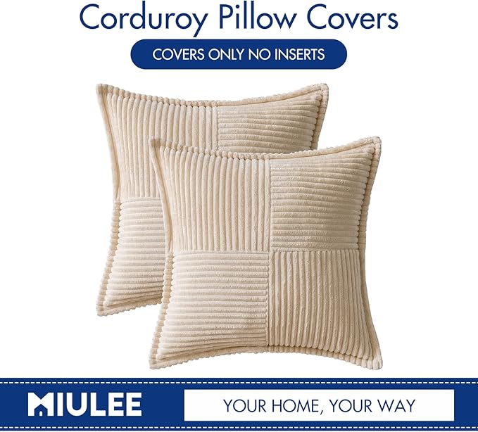 MIULEE Decorative Throw Pillow Covers for Couch Bed Livingroom 18x18 Inch Set of 2 Beige Boho Accent Throw Pllows Broadside Striped Patchwork Soft Corduroy Pillowcases
