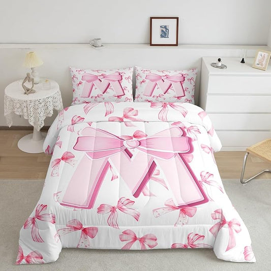 jejeloiu Kids Girls Cute Pink Bow Comforter Set Toddler Size Monogrammed Bedding Set Ultra Soft Personalized Initial M Duvet Quilt Coquette Bow Knot Quilt Set Room Decor Modern Fashion Comforter