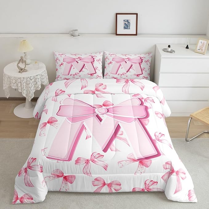 jejeloiu Kids Girls Cute Pink Bow Comforter Set Queen Size Monogrammed Bedding Set Ultra Soft Personalized Initial M Duvet Quilt Coquette Bow Knot Quilt Set Room Decor Modern Fashion Comforter