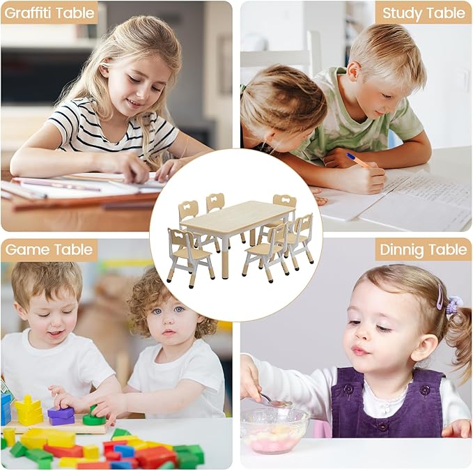 GAOMON Kids Table and 6 Chairs Set, Height Adjustable Toddler Table and Chairs Set for Ages 2-10, Graffiti Desktop, Non-Slip Legs, Children Activity Table for Daycare Classroom Home
