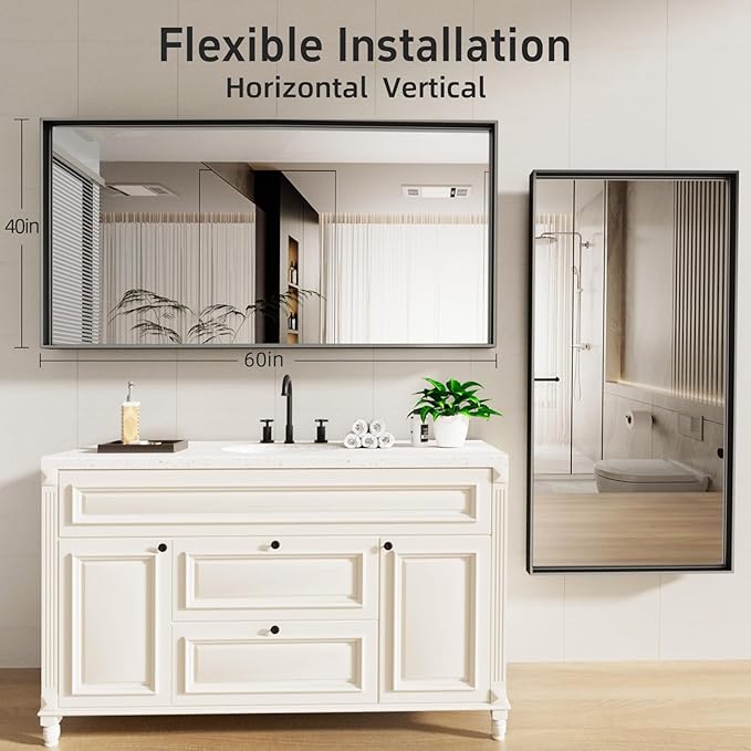 60x40 Inch Black Bathroom Mirrors for Over Sink, Large Wall Mirrors, Tempered Glass, Aluminum Metal Framed, Bathroom Vanity Mirrors, Living Room Bedroom Entryway Mirror (Horizontal/Vertical)