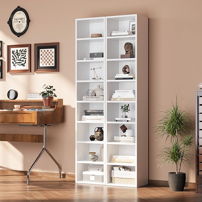 oneinmil 71.5" Tall Narrow Bookshelf, 8-Tier Cube Display Rack, Modern Corner Bookshelf with Storage Space, CD Storage Cabinet for Home Office (White 1 Pack, 8-Tier)