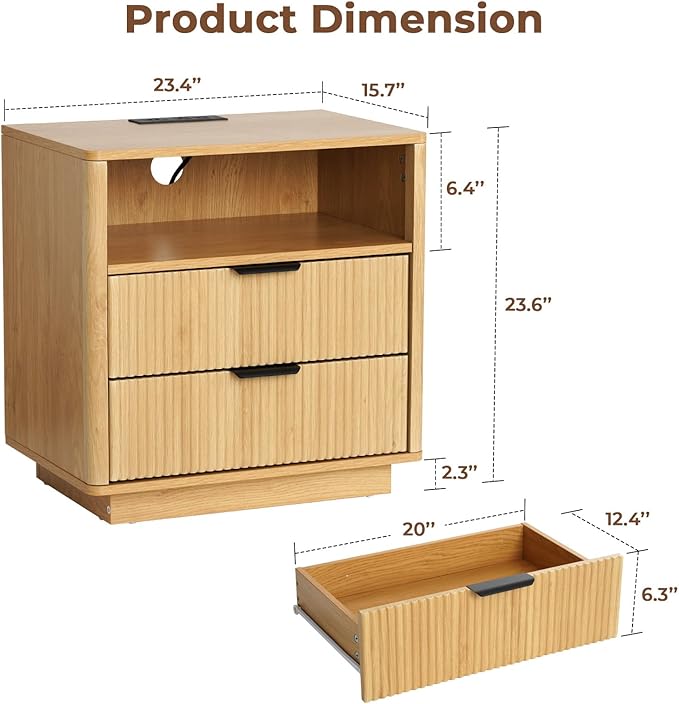 Hommpa 24'' Fluted Nightstand Set of 2 with Charging Station, Modern Bedside Table with Storage, 2 Drawer Beside End Table with Open Shelf, Mid Century Modern Wood Night Stand for Bedroom, Living Room