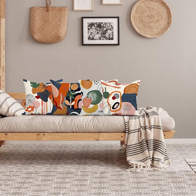 Jartinle Colorful Abstract Art Mid Century Modern Throw Pillow Covers 16x16 Fall Boho Floral Geometric Minimalist Pillow Covers for Couch Outdoor Décor Set of 4
