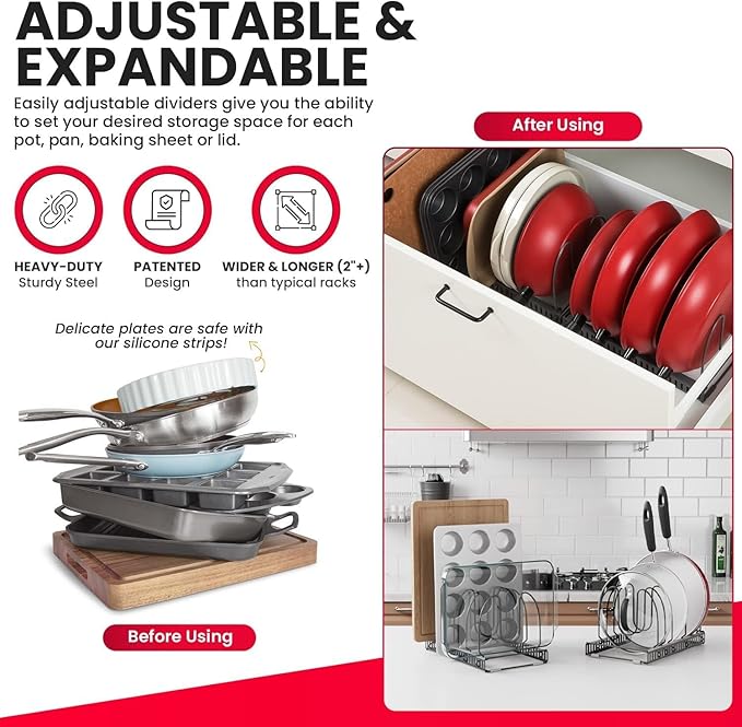 12+ Expandable Pan and Pot Lid Organizer Rack for Cabinet, Pot Lid Holder Pot Organizers Inside Cabinet, Pots and Pans Organizer Under Cabinet (Dark Grey, PAN & BAKEWARE)