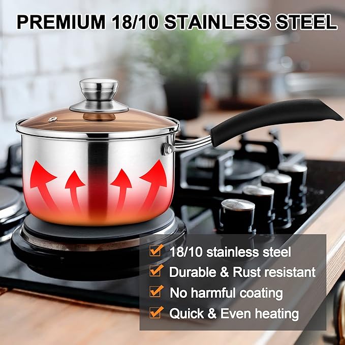 LIANYU 2QT Saucepan with Lid, 2 Quart Stainless Steel Sauce Pan, Small Pot Soup Milk Pan for Home Kitchen Restaurant, Long Heatproof Handle, Dishwasher Safe