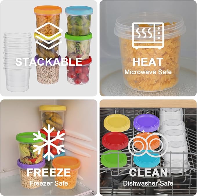 16 oz Plastic Deli Containers with Lids, 12 Pack Stackable Small Freezer Container, Reusable 2 Cup Food Storage Containers with Pen and Brush, Microwave & Dishwasher Safe, BPA Free