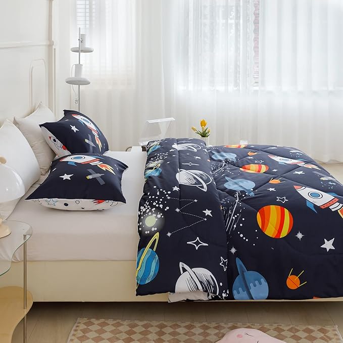 RYNGHIPY Kids Comforter Set, Full Size, Cute Space Rocket Bedding Set for Boys & Girls, Space Themed Teen Boy Bedding