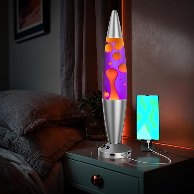 JAMBO Upgraded Motion Lamp – 16" Purple Liquid, Yellow Wax – USB Ports, Timer – Night Light for Adults, Teens, Kids – Bedroom, Living Room, Office Décor Lamp